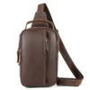 首图白底图 Brown leather sling backpack with side pockets, studio shot
