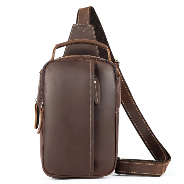 首图白底图 Brown leather sling backpack with side pockets, studio shot