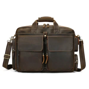 Vintage brown leather briefcase, white background