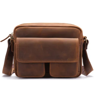 Brown leather laptop briefcase, white background