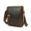 首图白底图 Brown leather messenger bag with buckle closure, white background
