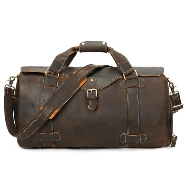 首图白底图 Brown leather duffle bag, white background