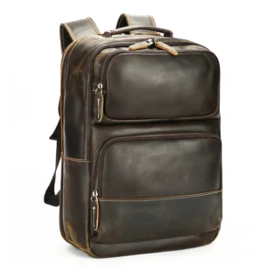 Brown leather backpack with distressed texture, product shot