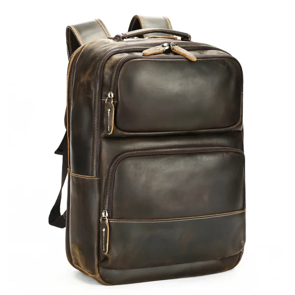 首图白底图 Brown leather backpack with distressed texture, product shot