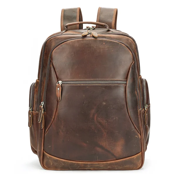 Brown leather backpack with multiple compartments, plain background