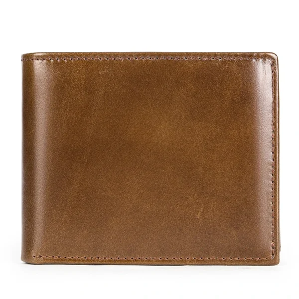 Brown leather bifold wallet, plain white background