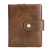 Brown leather wallet with snap closure, plain white background