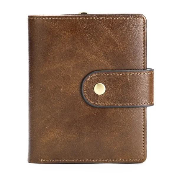Brown leather wallet with snap closure, plain white background