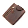 Dark brown leather zip wallet with snap closure, white background