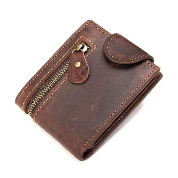 Dark brown leather zip wallet with snap closure, white background