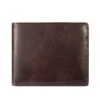 Dark brown leather bifold wallet, plain white background