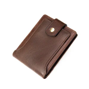 Brown leather bifold wallet with snap closure, white background