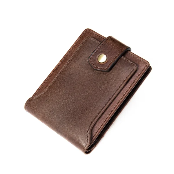 首图白底图 Brown leather bifold wallet with snap closure, white background