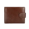 Vintage brown leather bifold wallet with snap closure, white background