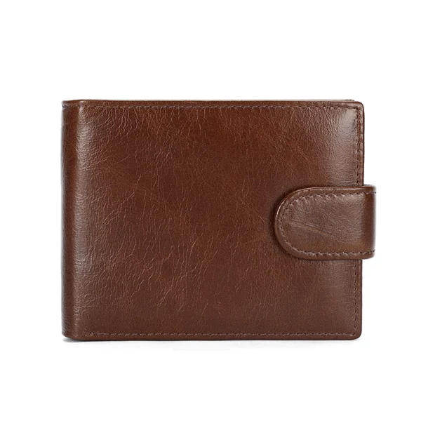 Vintage brown leather bifold wallet with snap closure, white background
