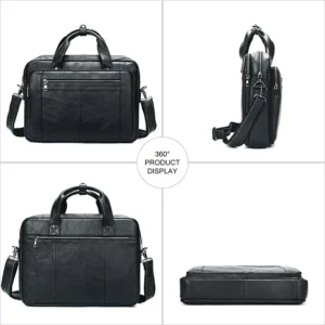 Black leather briefcase multi-angle product collage, front/side/inner views