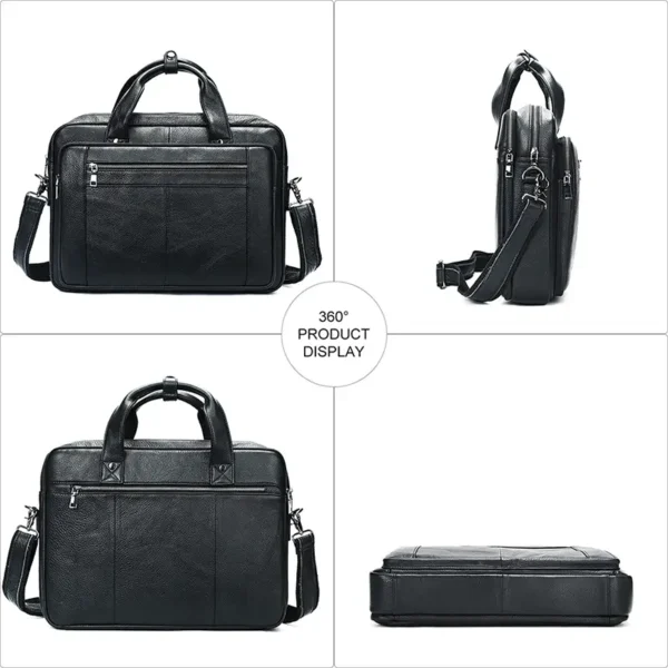 黑色 (3) Black leather briefcase multi-angle product collage, front/side/inner views