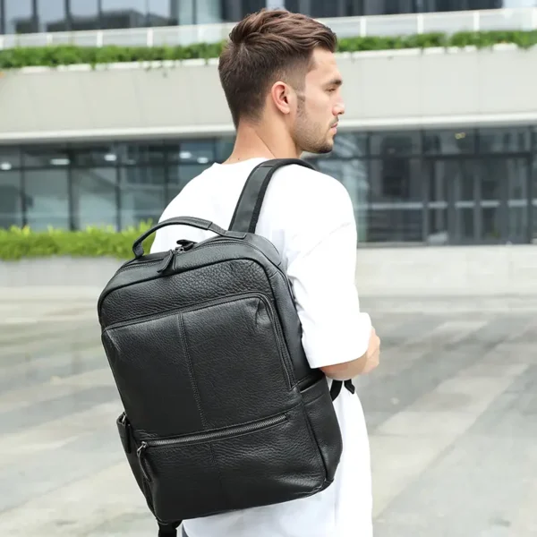 黑色_(4) Streetwear Fashion Men Leather Backpack