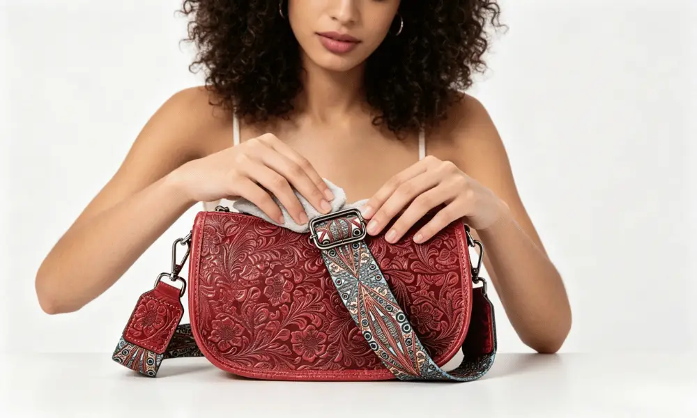A lady is cleaning this women leather bag