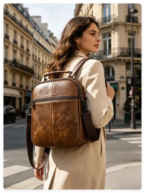 A model wears backpack walking in Paris street