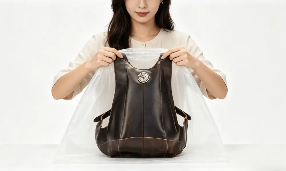 a lady is cleaning the bag