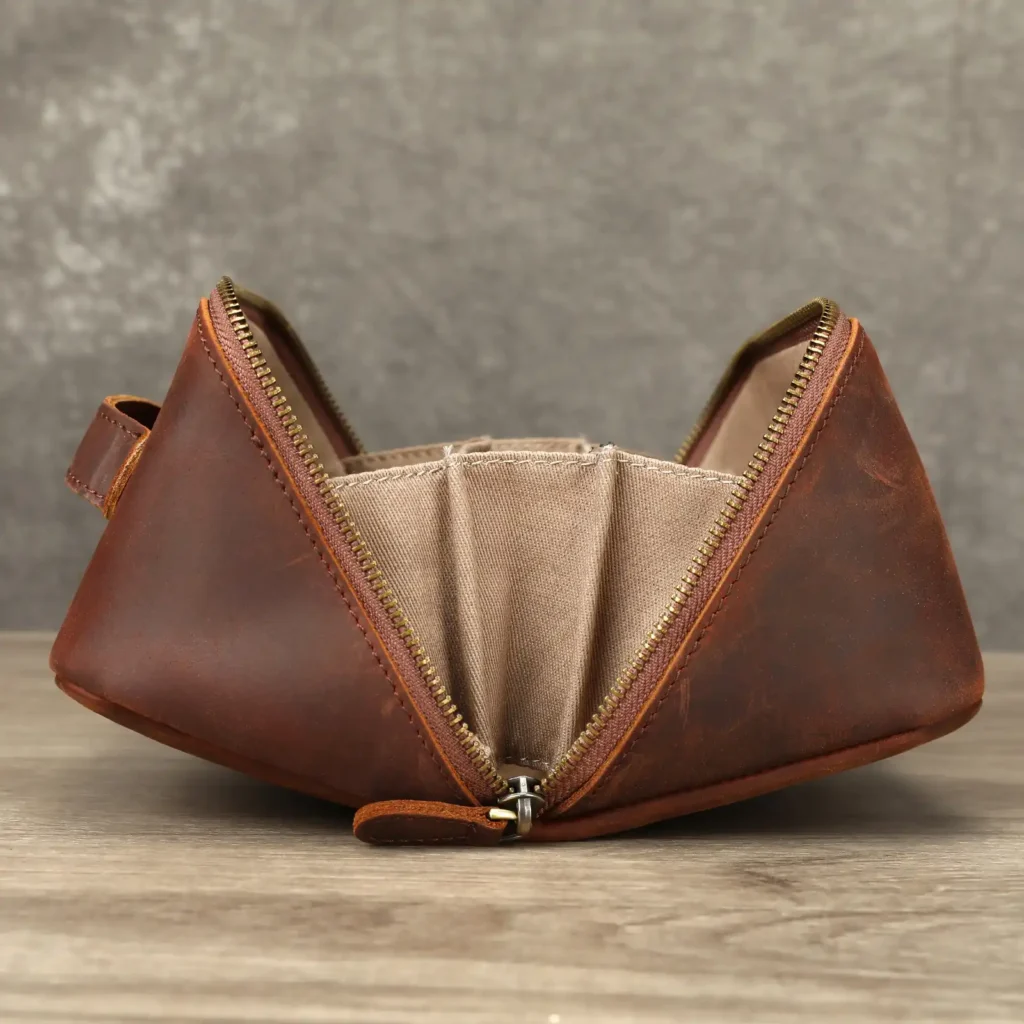 Open view large capacity men leather wash bag classified storage for travel toiletries
