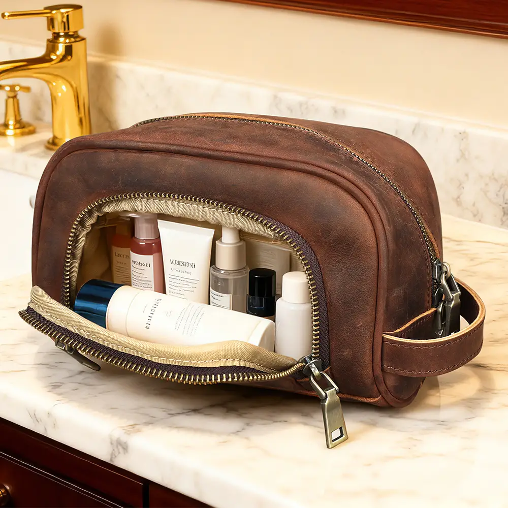 Slim retro men genuine leather toiletry pouch dual zipper front pocket exterior