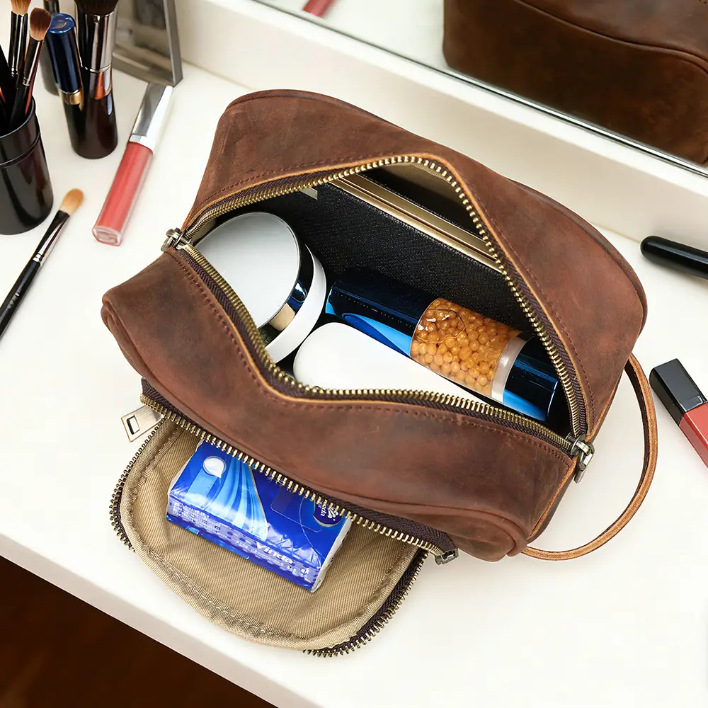 Slim retro men genuine leather toiletry pouch dual zipper front pocket exterior
