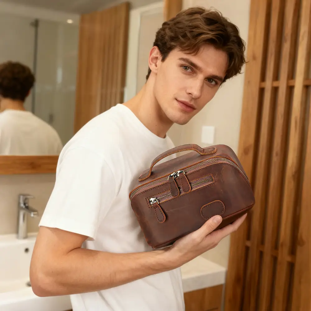 Open view large capacity men leather wash bag classified storage for travel toiletries