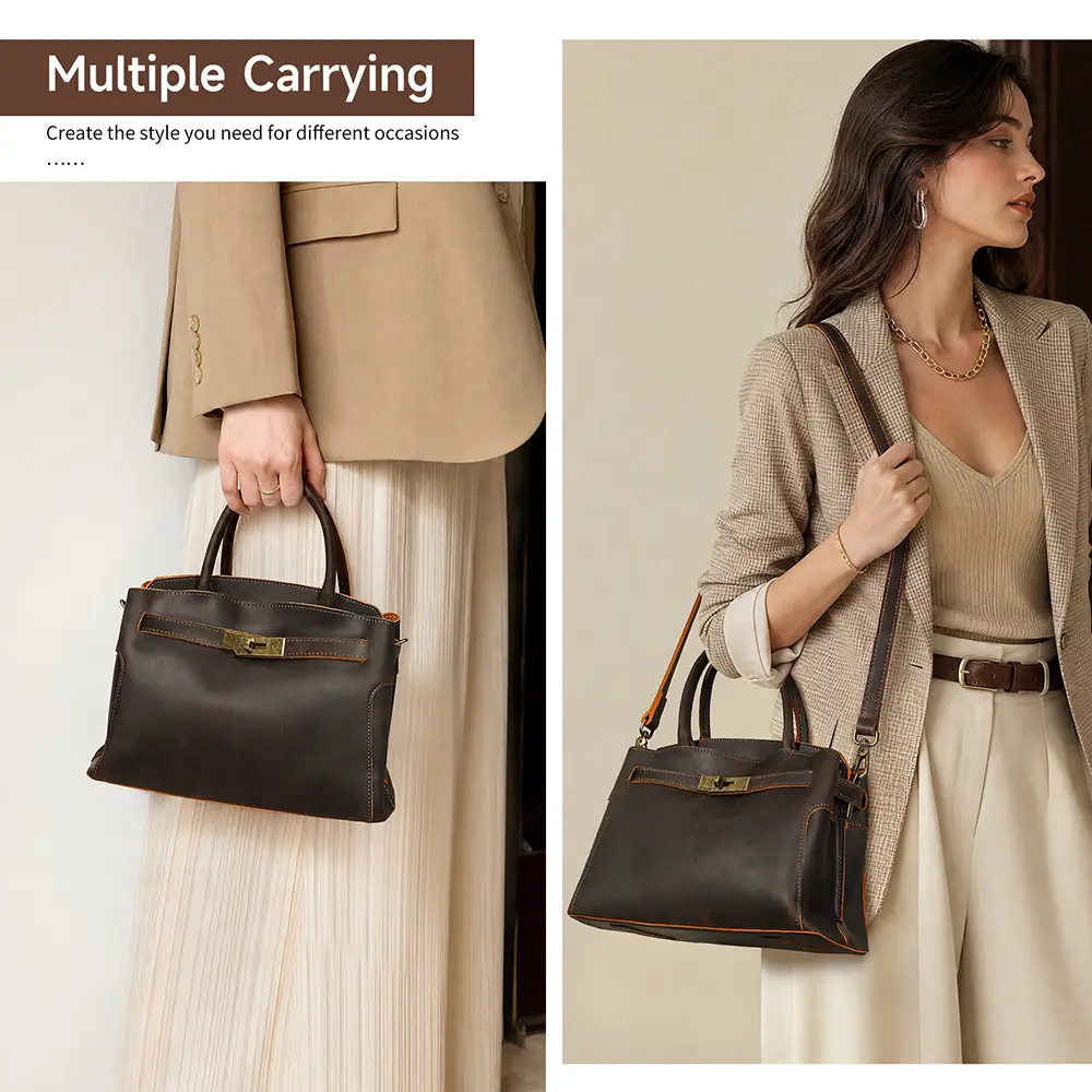 women wearing vintage crazy horse leather crossbody bag, top grain cowhide casual shoulder bag daily outfit