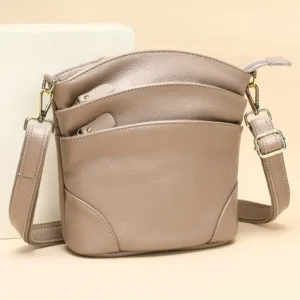 Multi Pocket Genuine Leather Bucket Crossbody Bag for Women