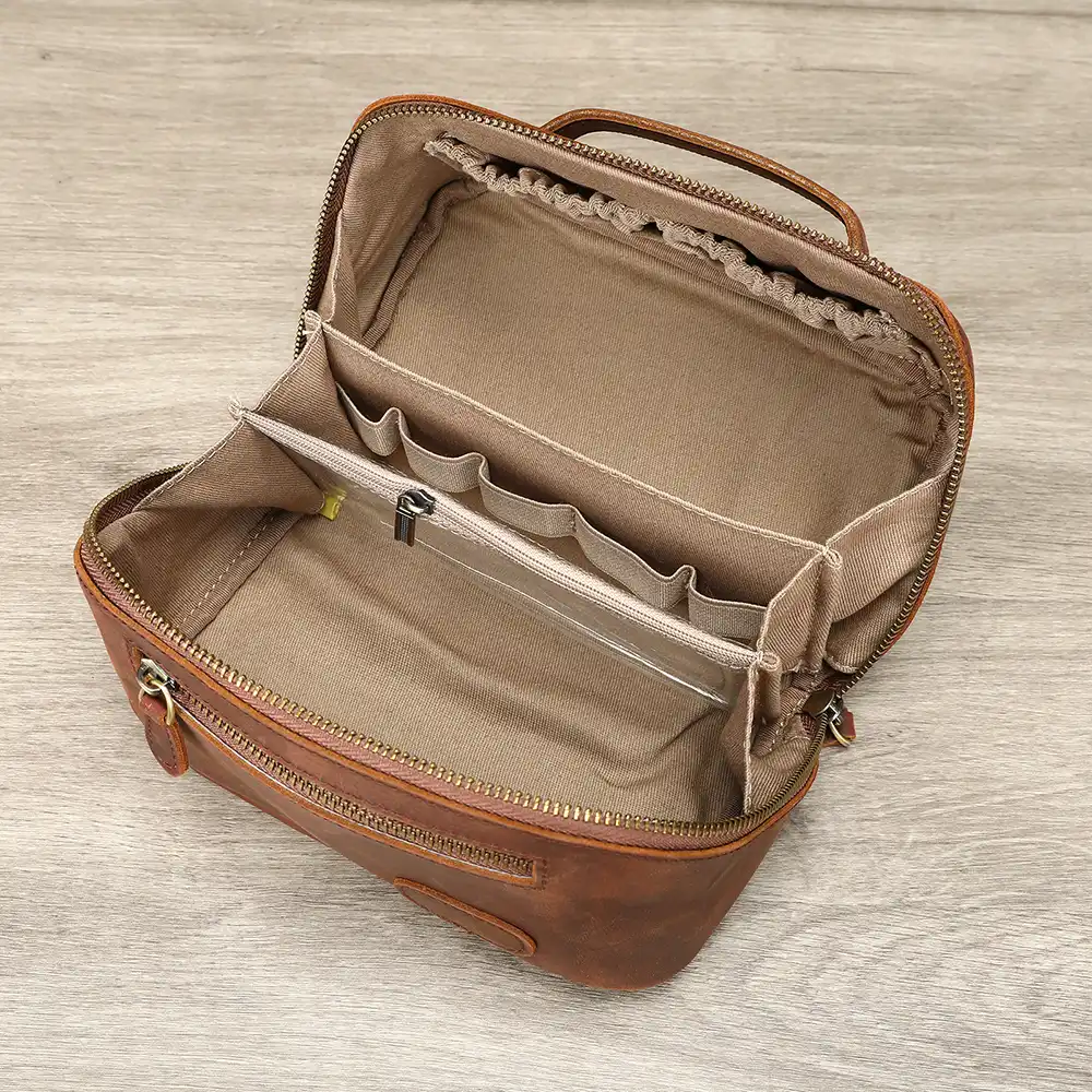 Open view large capacity men leather wash bag classified storage for travel toiletries