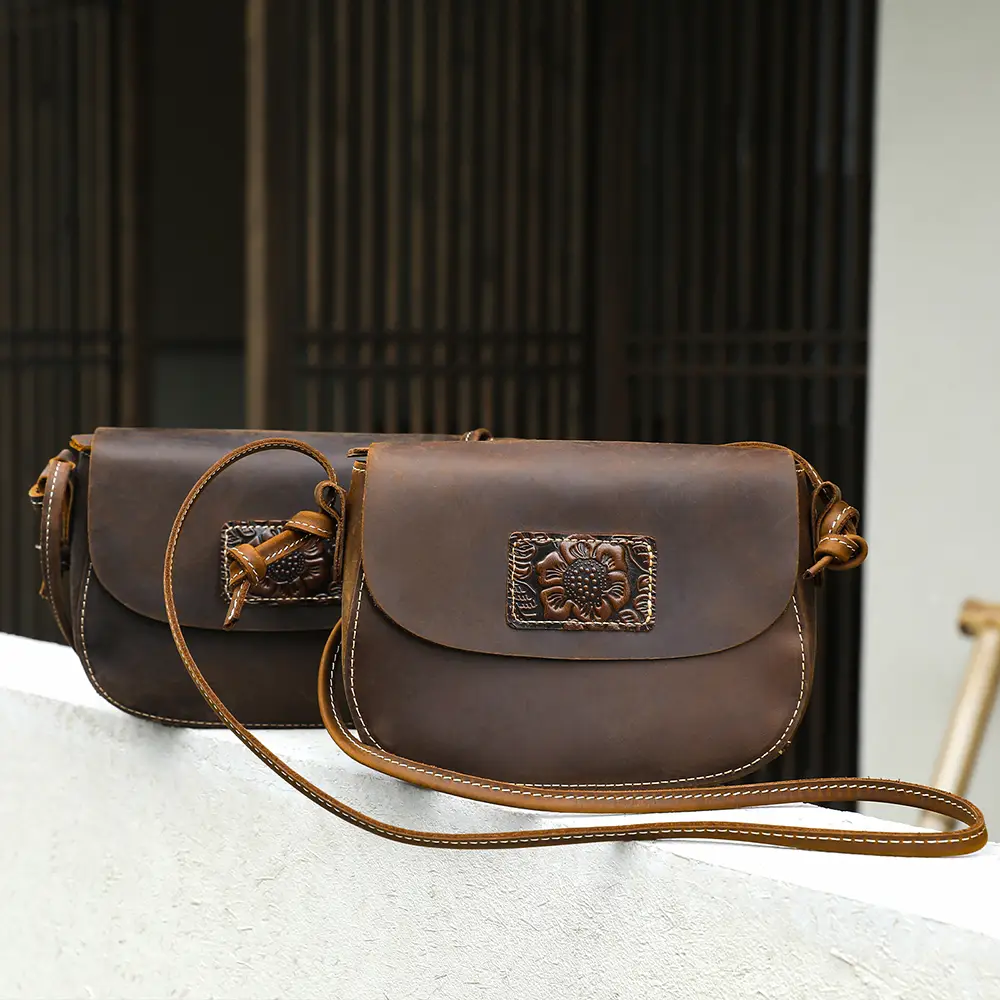 plain solid color crazy horse leather crossbody purse, top grain cowhide retro women handbag bulk supply