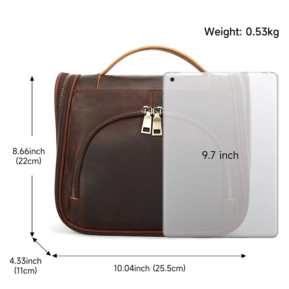 Hanging hook genuine leather travel toiletry bag with top handle for hotel travel