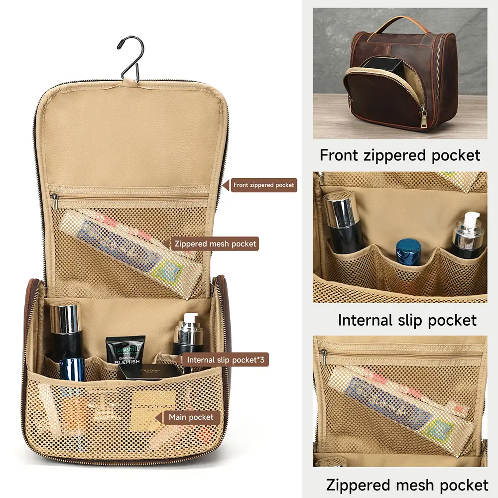 Fully unfolded hanging leather wash bag mesh pocket interior multi storage layout