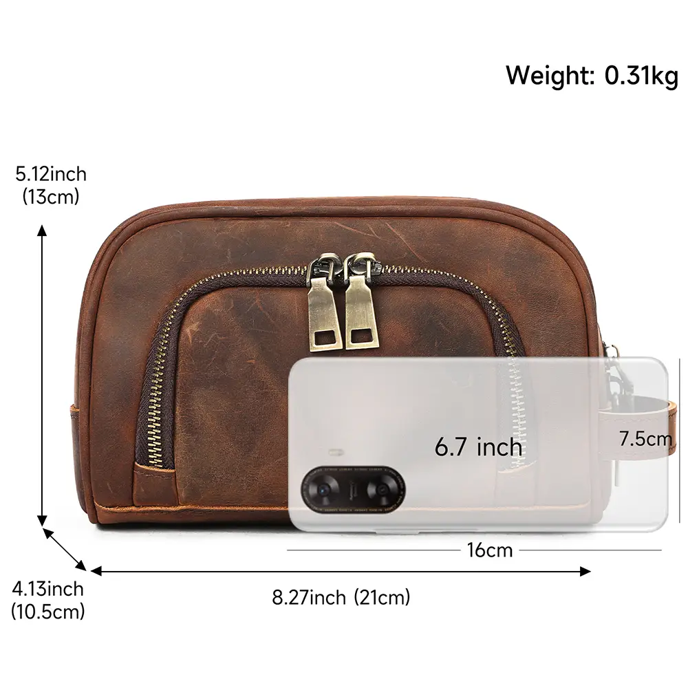Opened slim leather travel dopp kit double pocket storage design for short trips