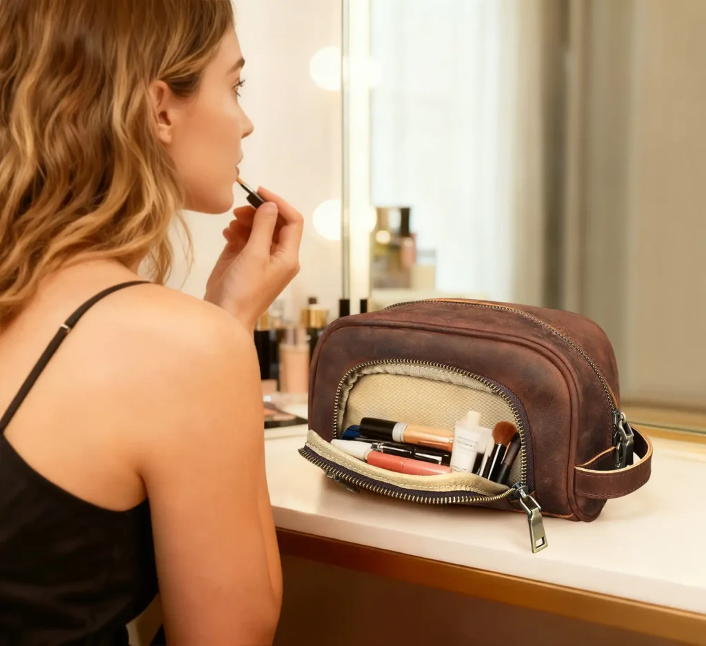 Slim retro men genuine leather toiletry pouch dual zipper front pocket exterior