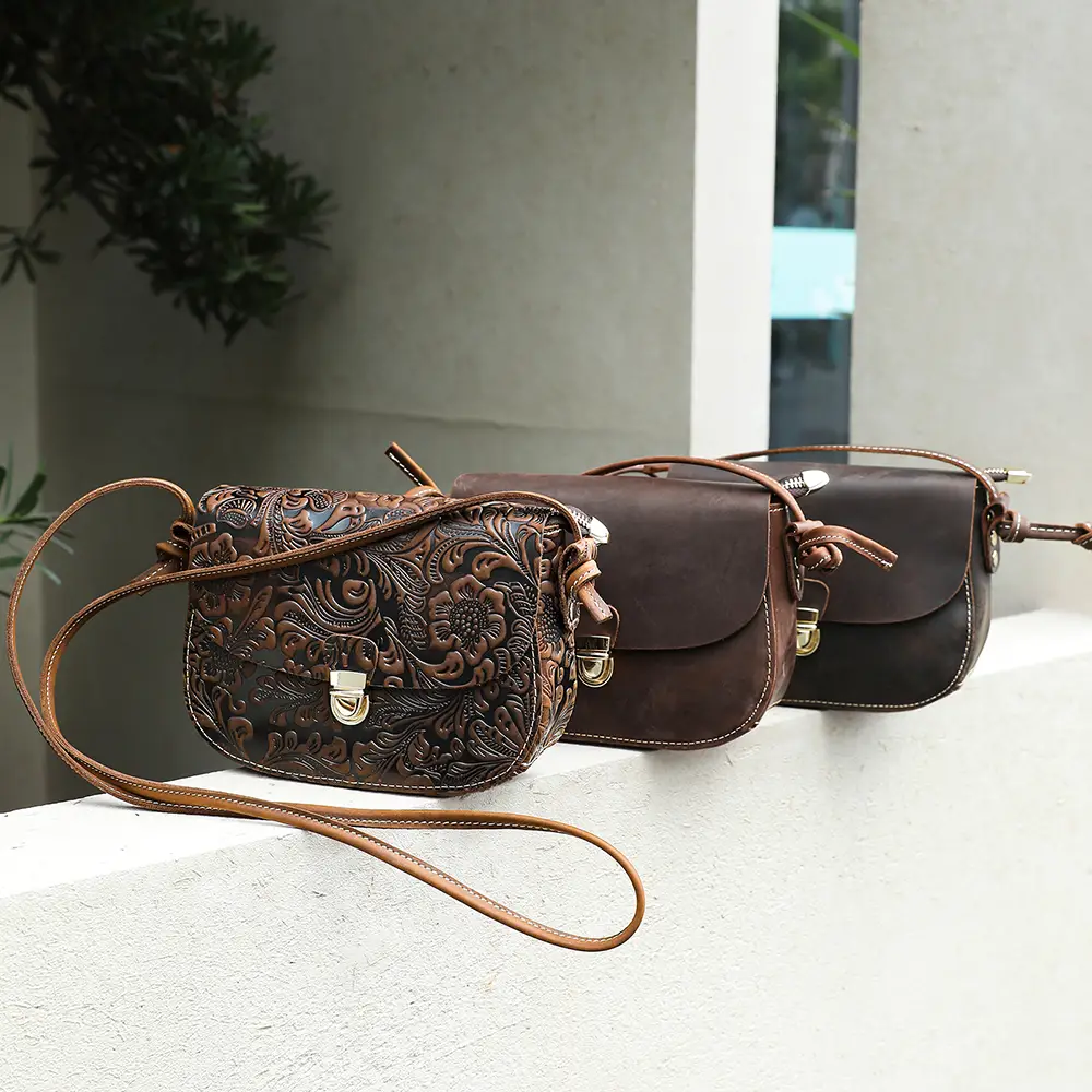 plain solid color crazy horse leather crossbody purse, top grain cowhide retro women handbag bulk supply