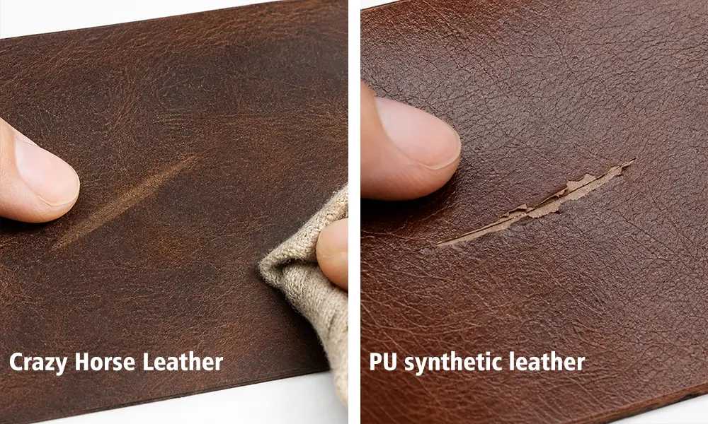 Real crazy‑horse‑leather scratches are reversible; fake PU coating peels when scratched
