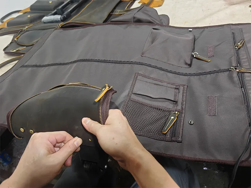 Assembling multiple components for genuine leather bag production