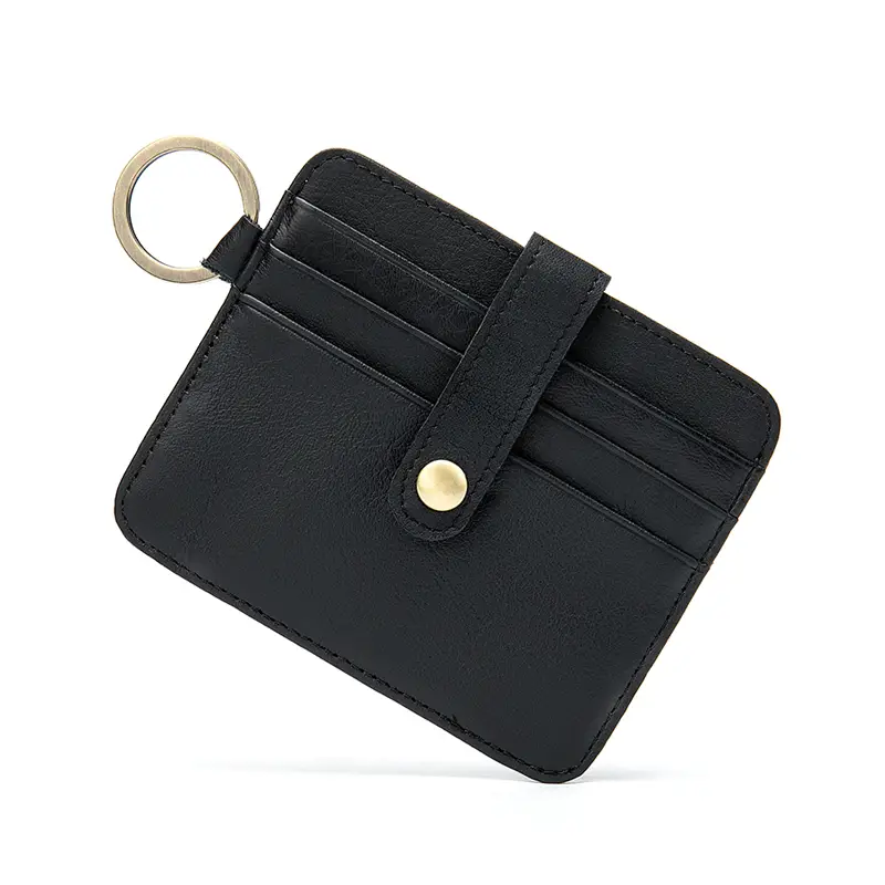 Black Leather Card Holder, Genuine Full Grain Leather Credit Card Holder, Multi Slots Compact Leather Card Holder Wallet With Key Ring For Men Women