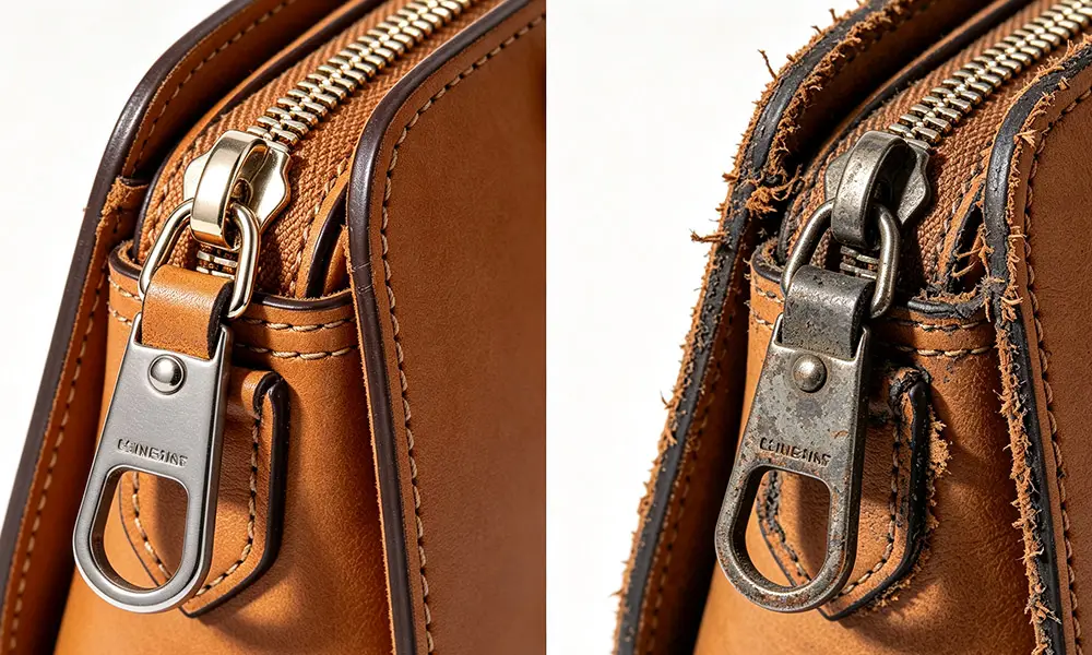 Poor hardware, stitching and edge wrapping shorten handbag service life.