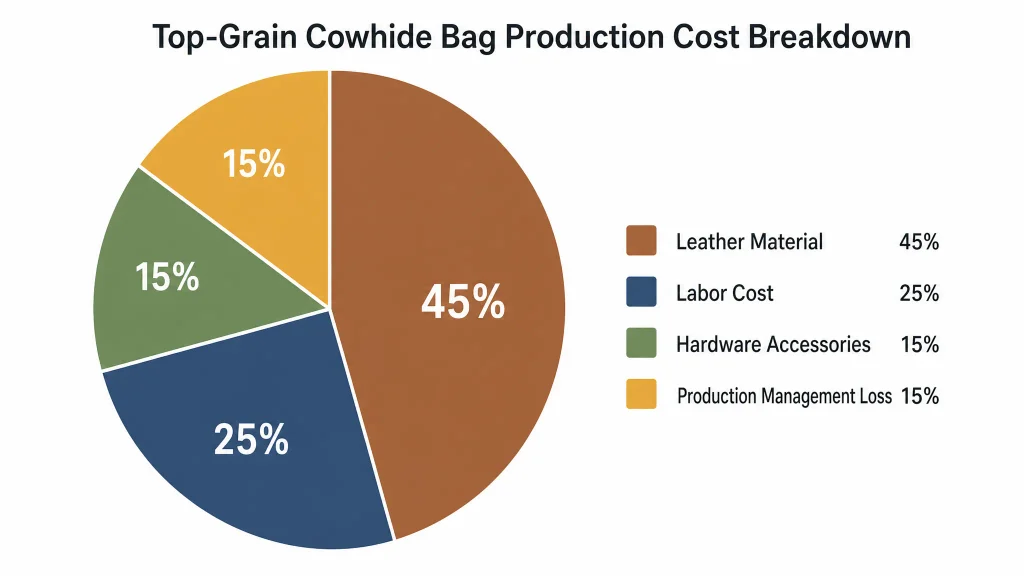 Top‑grain cowhide bag cost proportion pie chart, genuine leather bag production price breakdown infographic