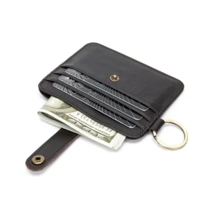 Black Leather Card Holder, Genuine Full Grain Leather Credit Card Holder, Multi Slots Compact Leather Card Holder Wallet With Key Ring For Men Women