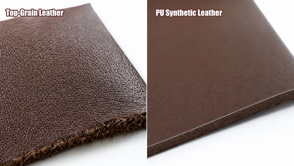 Real top‑grain leather has natural pores, while film‑covered split leather hides original leather texture.
