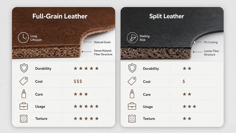 what is the difference between full‑grain leather and split leather