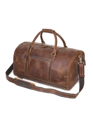 Crazy horse leather men's crossbody travel bag detachable shoulder strap angle view, genuine leather overnight duffle