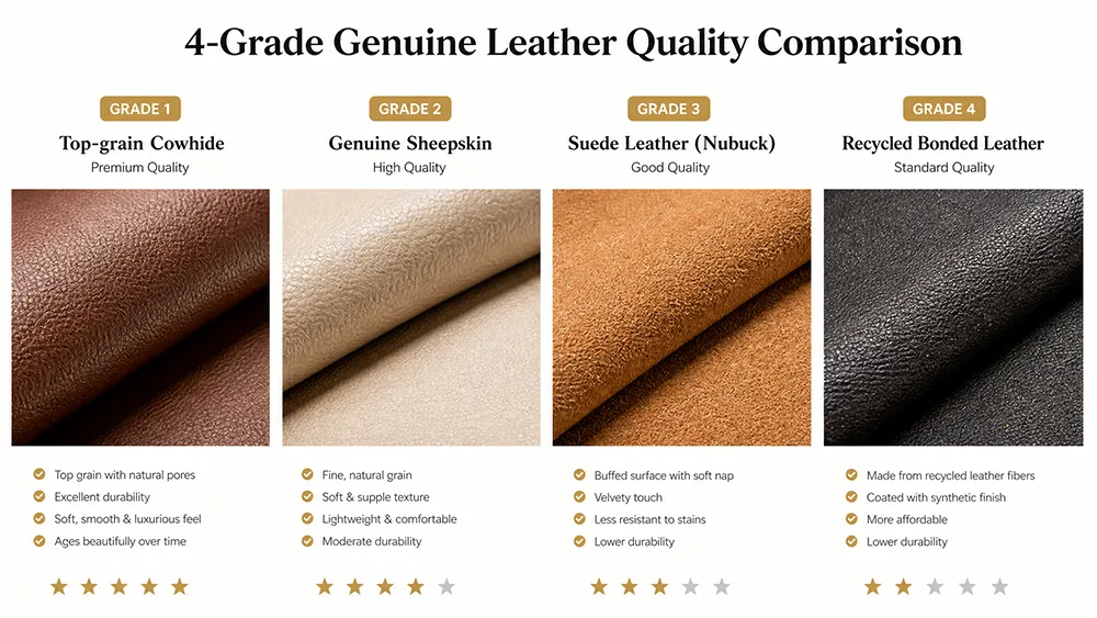 genuine leather quality grading standard, grade 1 to grade 4 leather durability comparison for bulk wholesale