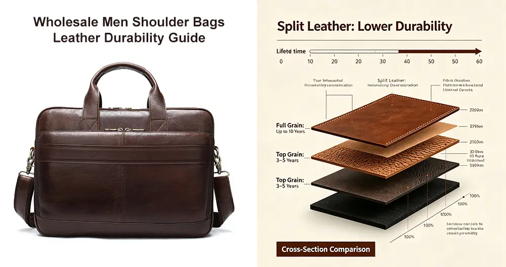 cross‑section comparison of full grain, top grain and split leather for wholesale men shoulder bags