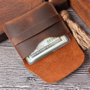 Crazy Horse leather card holder wallet 7386 opened with cards and folded banknotes